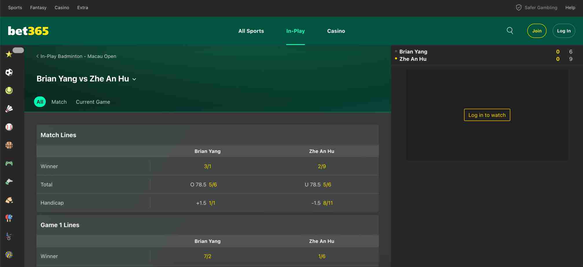 Bet365 live odds for Brian Yang vs Zhe An Hu amid Interac deposit issue.