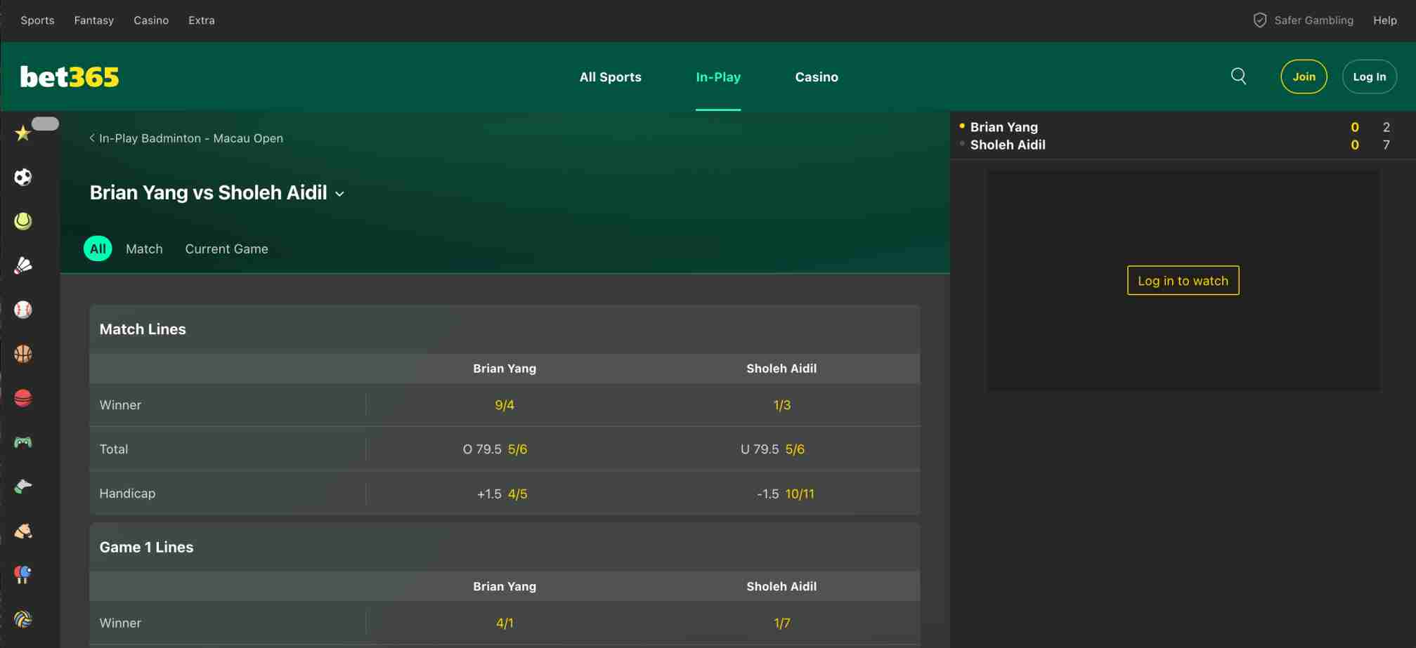 Bet365 in-play betting screen for Brian Yang vs Sholeh Aidil, displaying odds and match details.