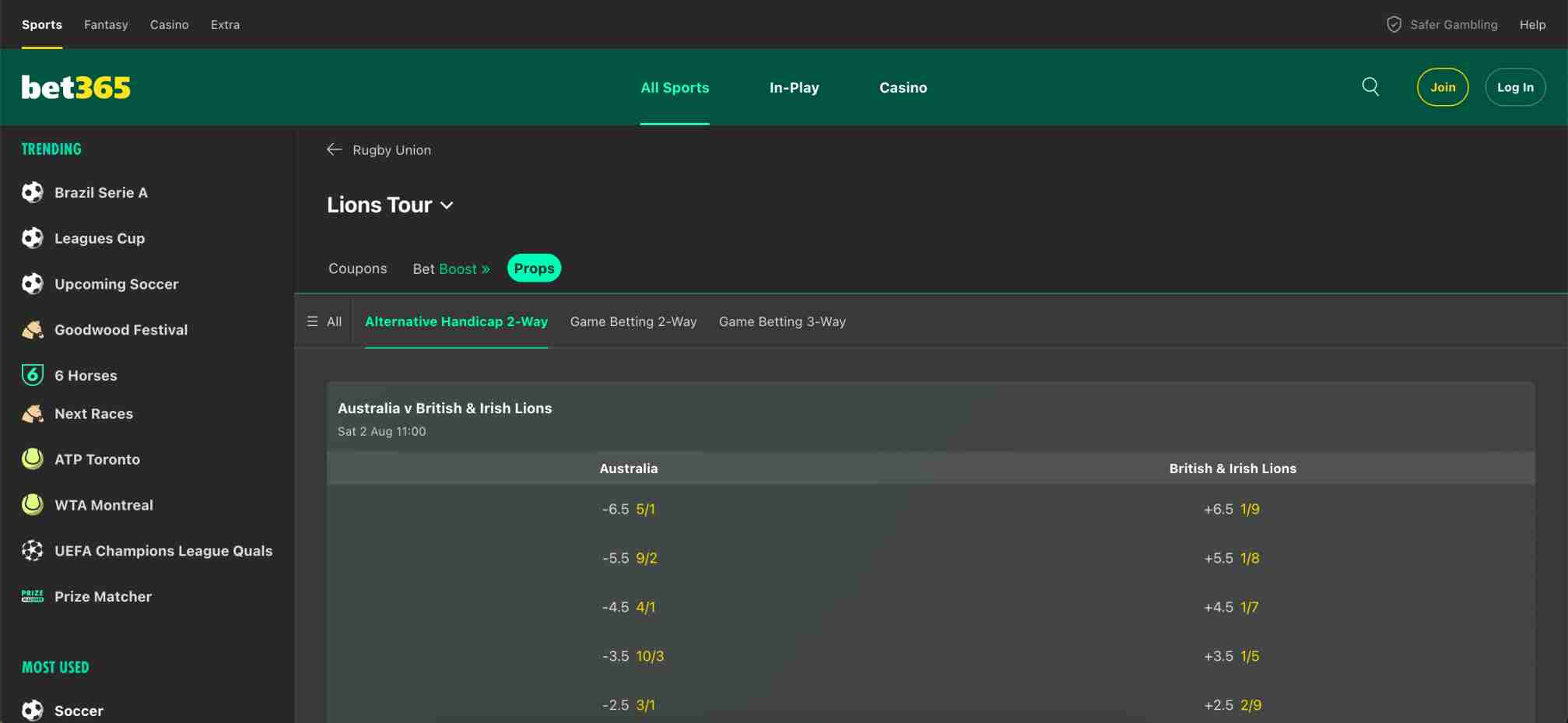 Bet365 Lions Tour alternative handicap betting options.