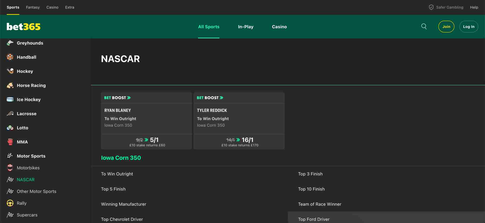 Bet365 NASCAR betting options with boosted odds for Ryan Blaney and Tyler Reddick, available for South African users.