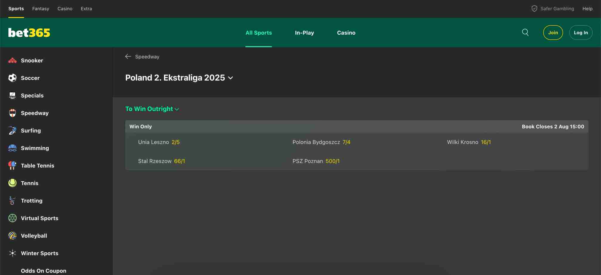 Bet365 Poland 2 Ekstraliga 2025 betting odds for teams like Unia Leszno and Stal Rzeszow.