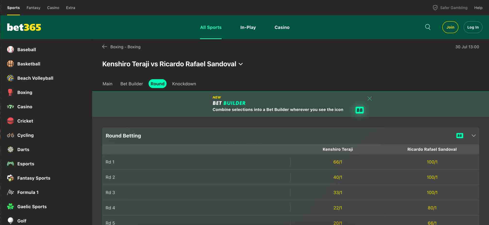Bet365 round betting for Kenshiro Teraji vs Ricardo Sandoval, with Google Pay integration.