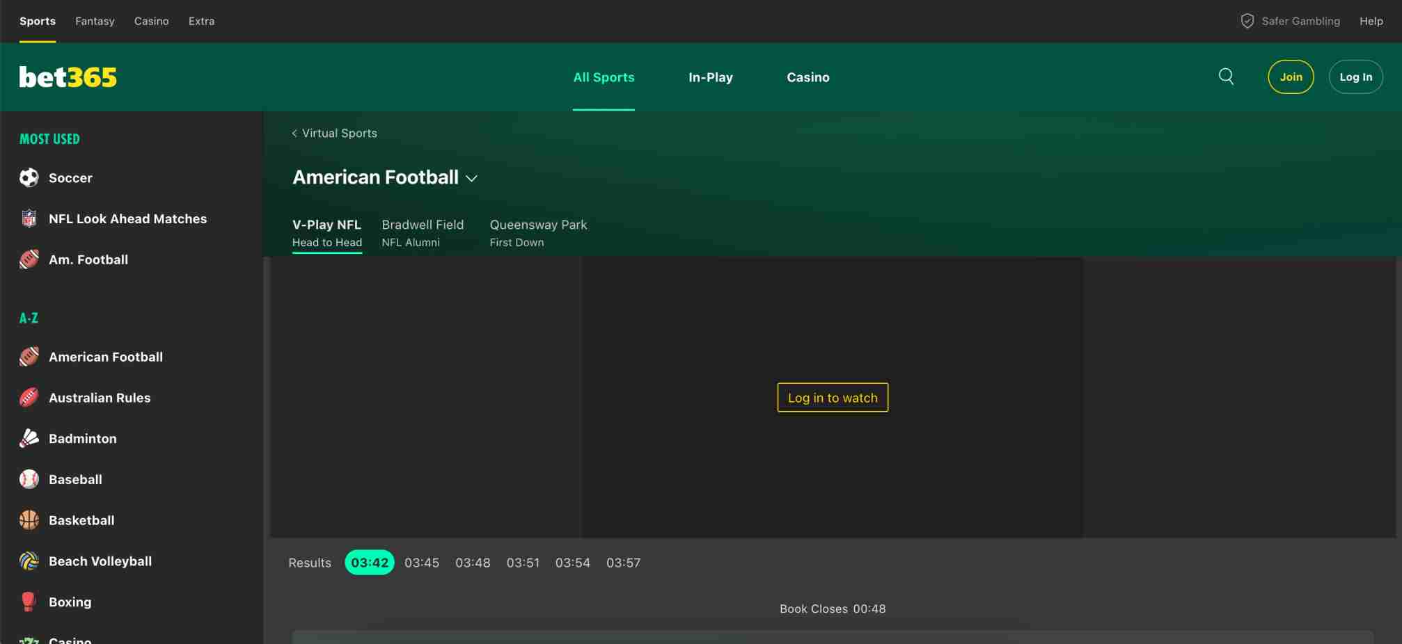 Bet365 virtual sports American Football, with potential Bet365 deposit declined but money taken problem.
