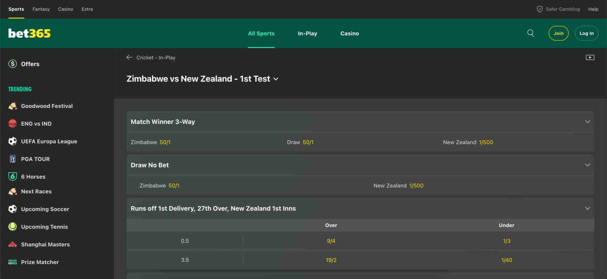 Live cricket betting odds on Bet365 for Zimbabwe vs New Zealand 1st Test, showcasing match winner and over/under markets.