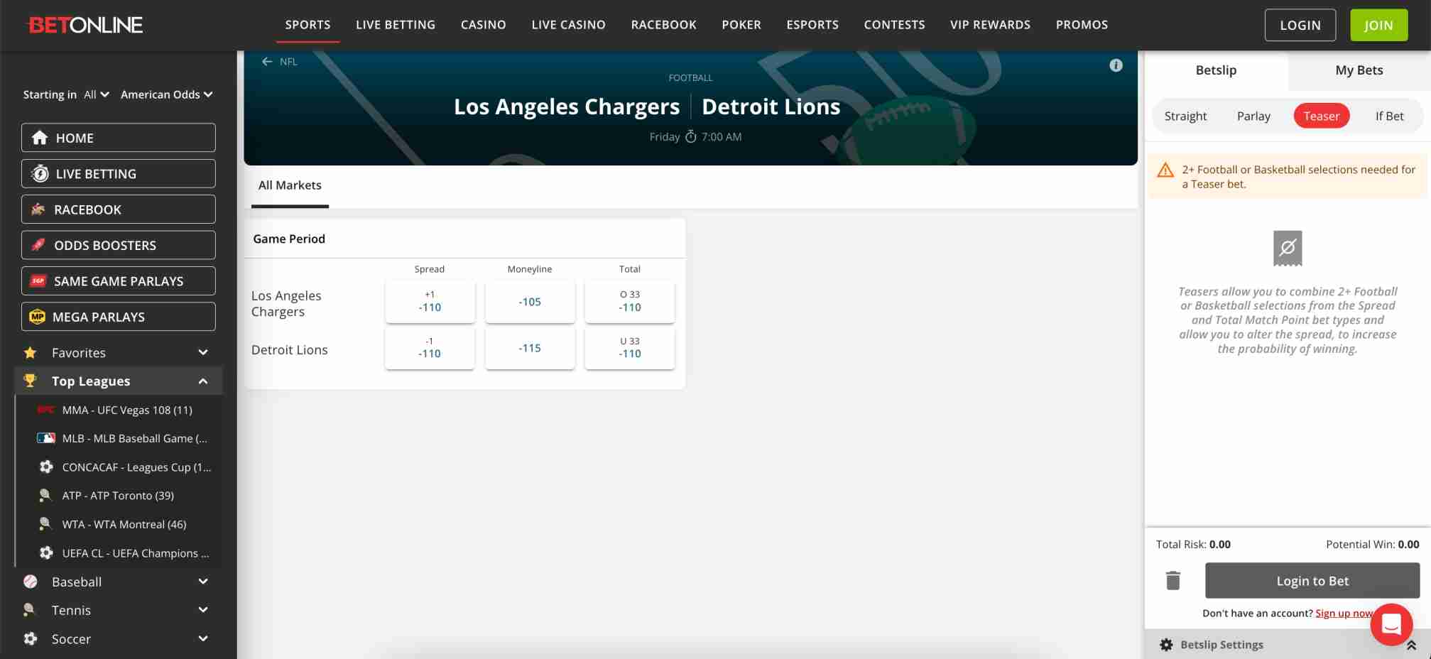 NFL odds on BetOnline for Chargers vs Lions – why did BetOnline ban me.