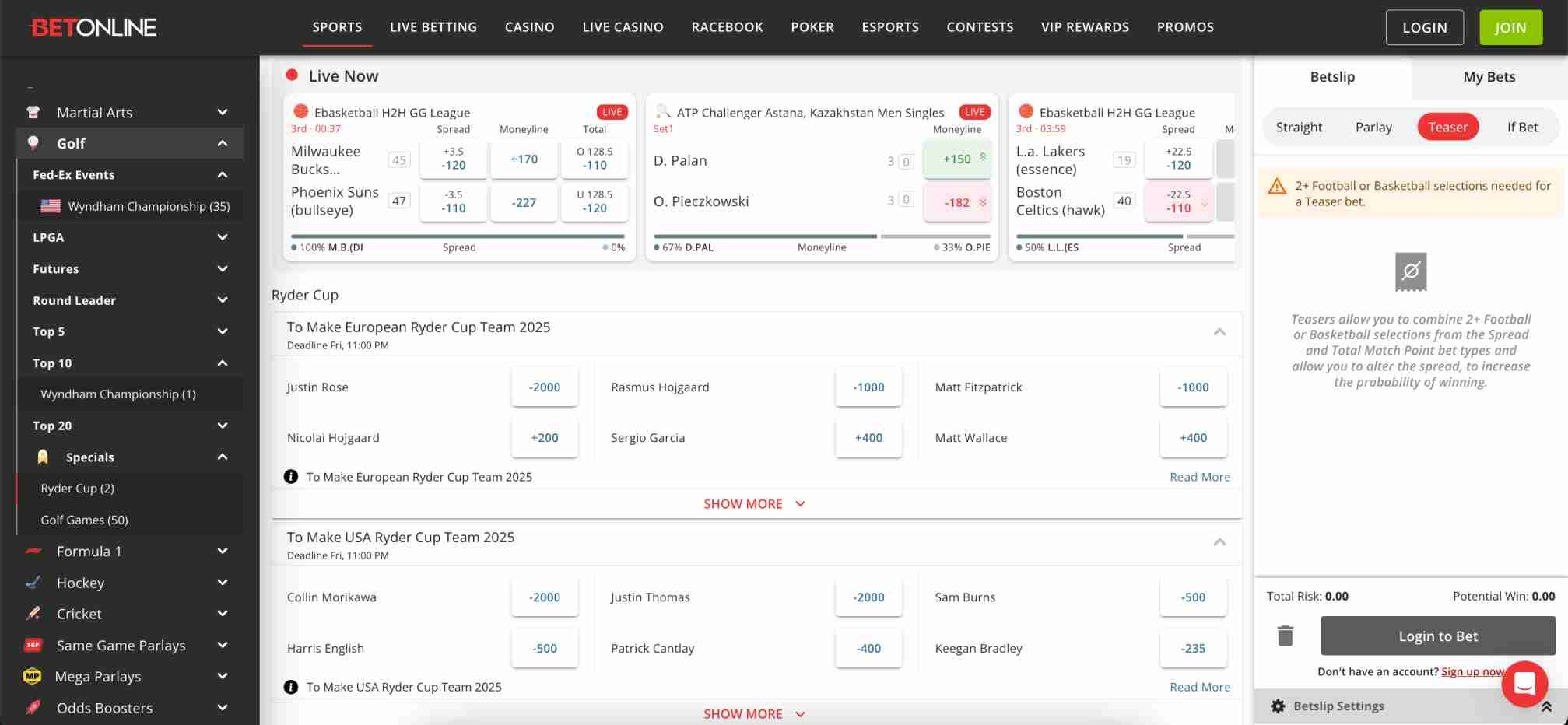 BetOnline live betting page with Ryder Cup odds, relevant to account verification steps.