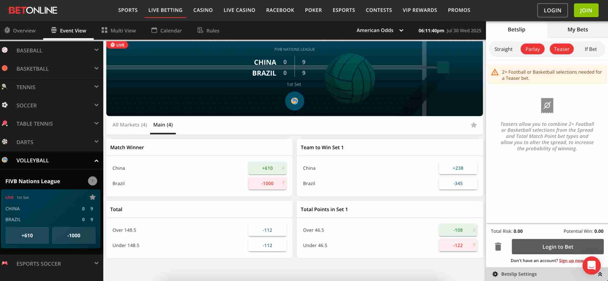 Live volleyball match on BetOnline, featuring China vs Brazil, with betting odds for match winner and total points, illustrating the platform’s betting options with Skrill withdrawal time integration.