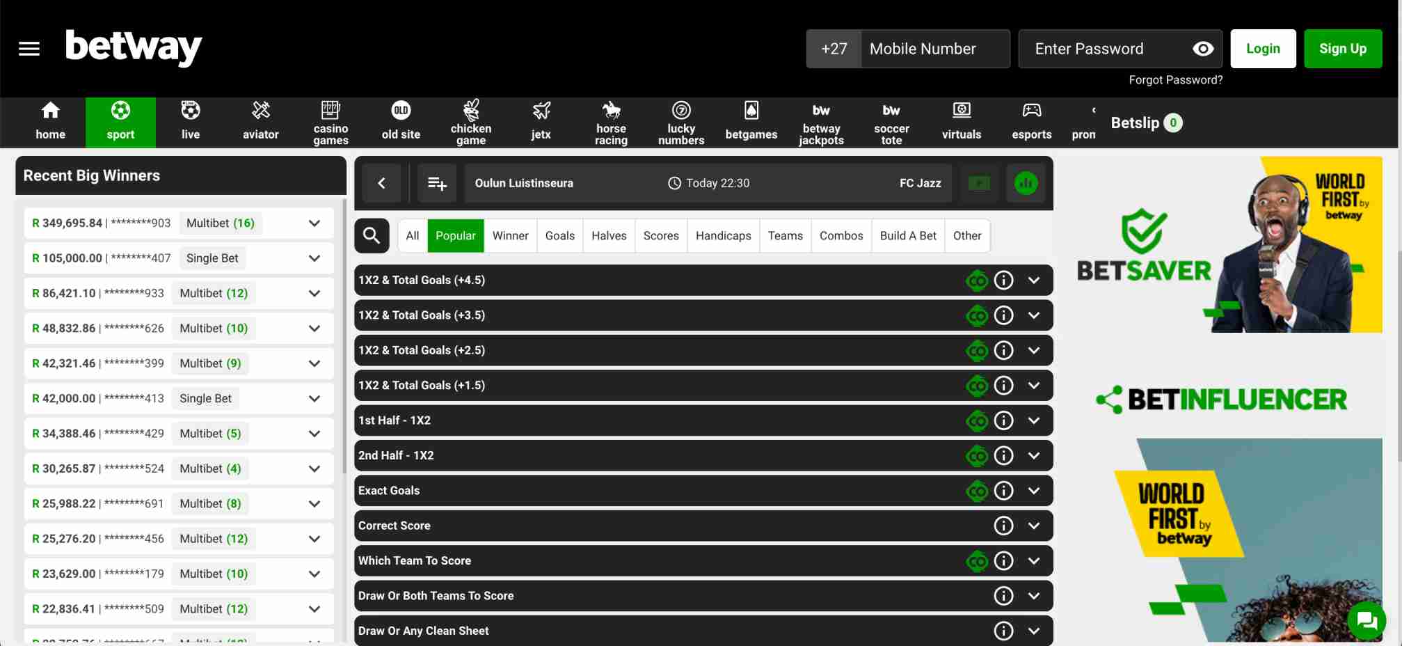 Expanded Betway betting options for a Finland Ykkonen match – includes tips for how to withdraw from Betway in Vietnam.