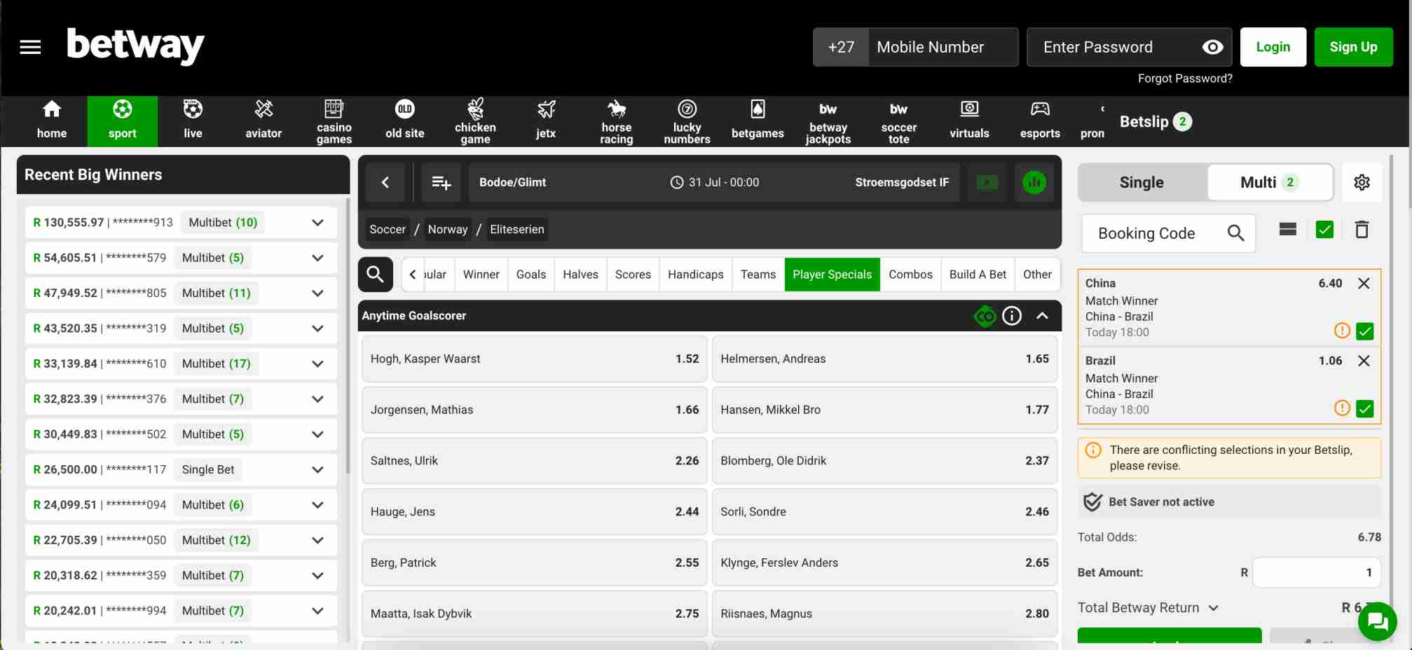 Betway soccer match between Bodoe/Glimt and Stromsgodset IF with player special bets using bet credits.