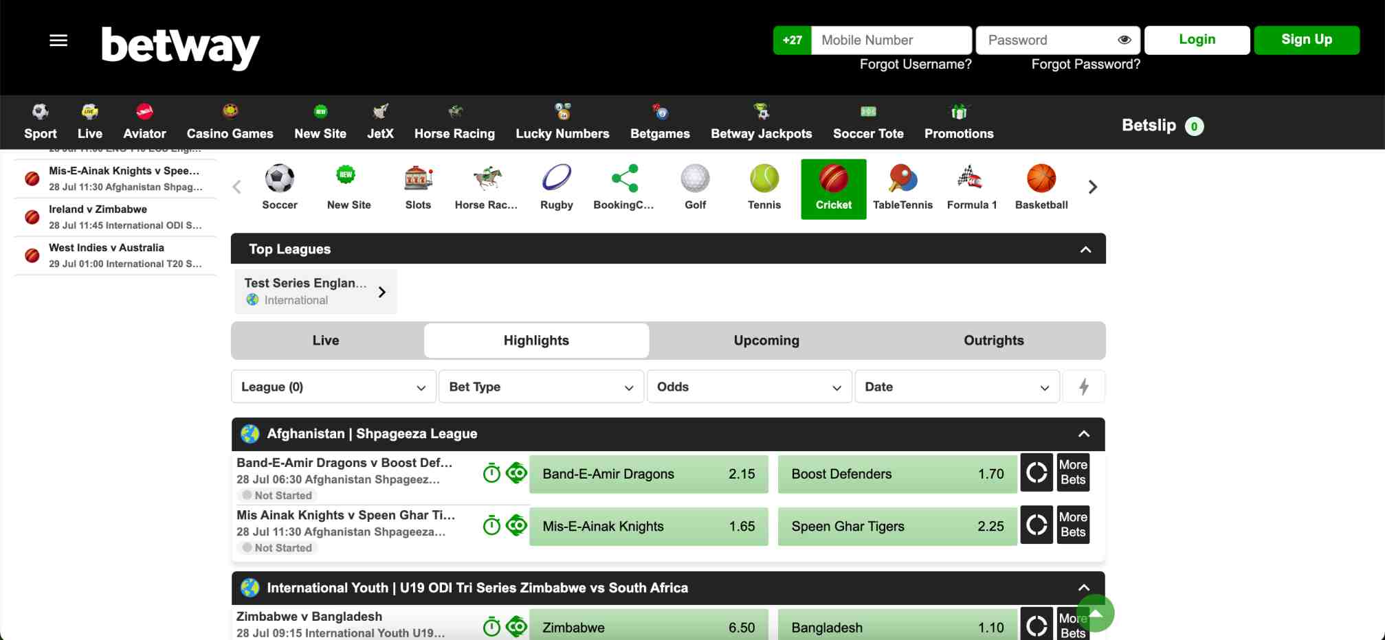 Cricket betting section on Betway, highlighting match odds and options for users interested in wire transfer withdrawal in Australia.