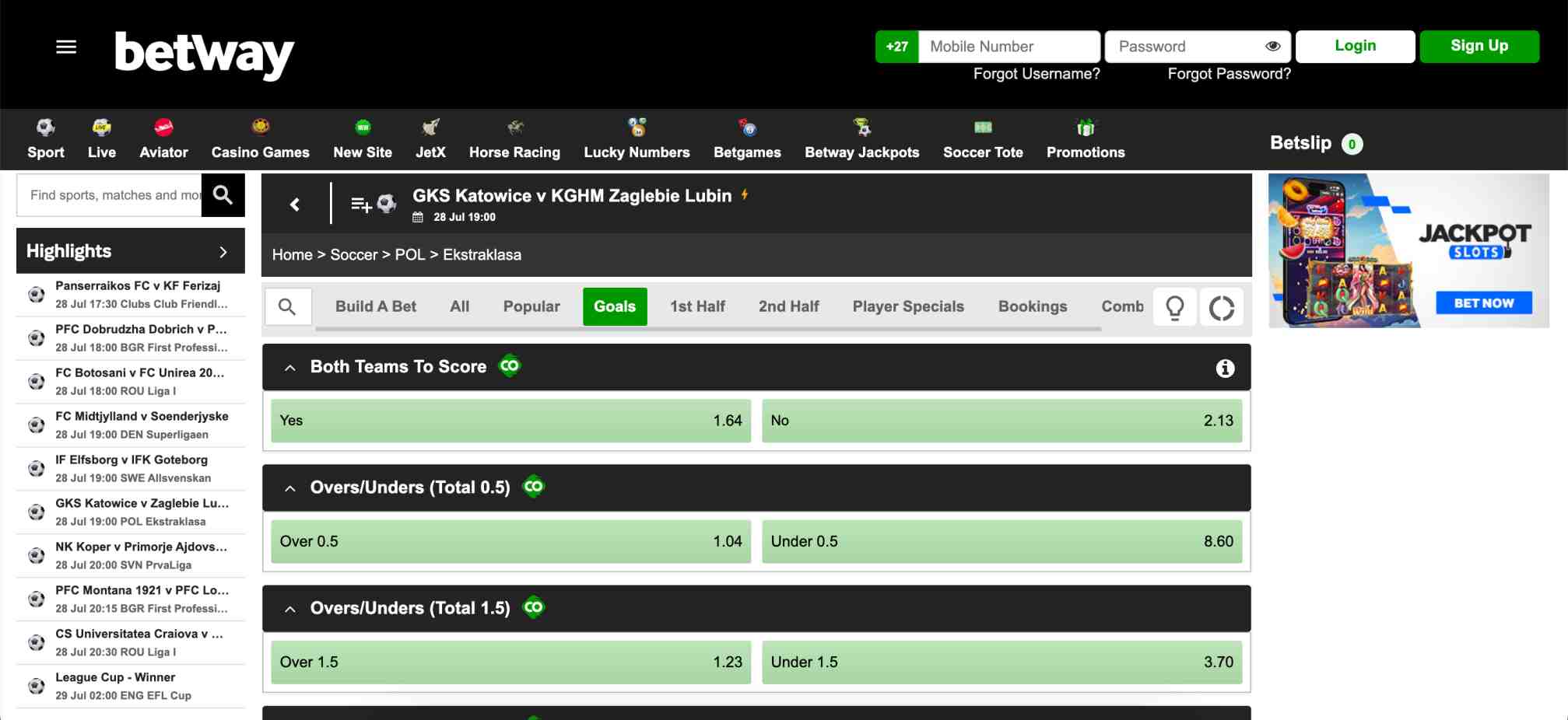 Upcoming football match betting odds on Betway site – showing goal markets relevant to Canadian international students interested in Betway legality.