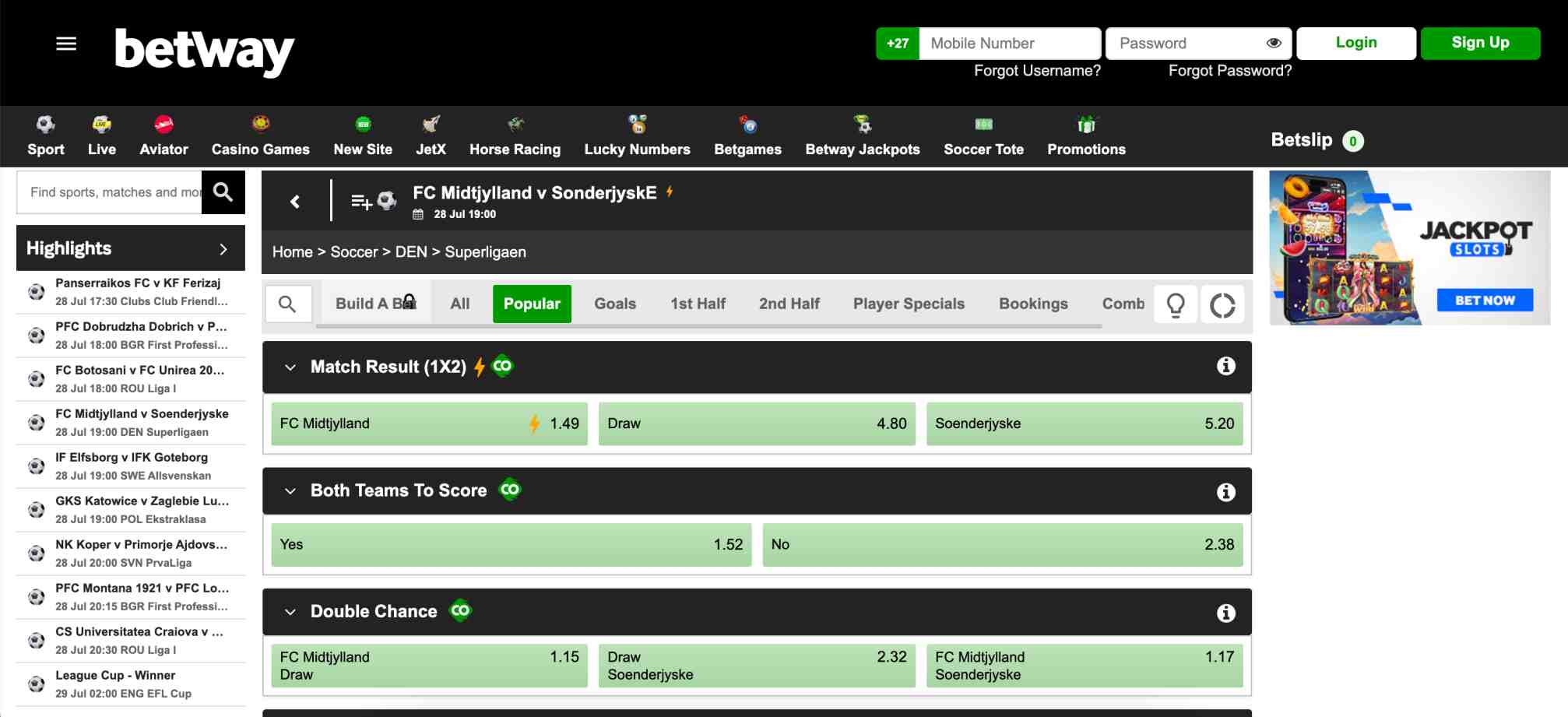 Betway interface showing football match odds between FC Midtjylland and SonderjyskE, where consistent wins may lead users to wonder: can Betway ban you for winning?
