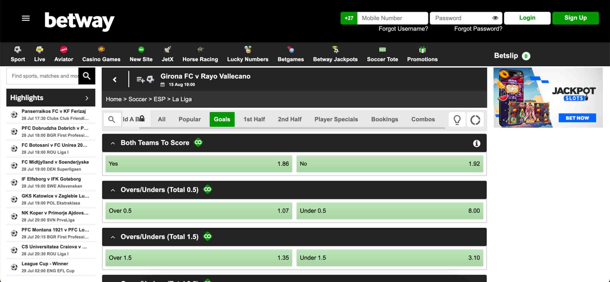 Betway goal market for Girona vs Rayo — useful for red card bet questions.