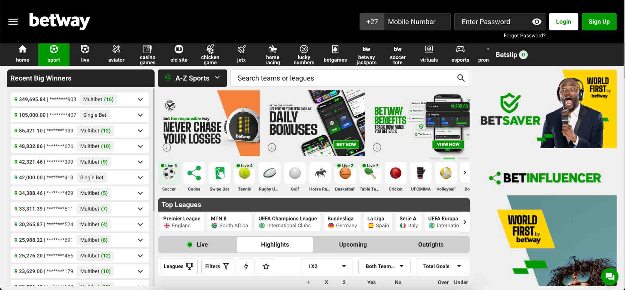 Betway homepage showing top winners and sports categories, relevant for users experiencing Betway deposit declined but money taken errors.