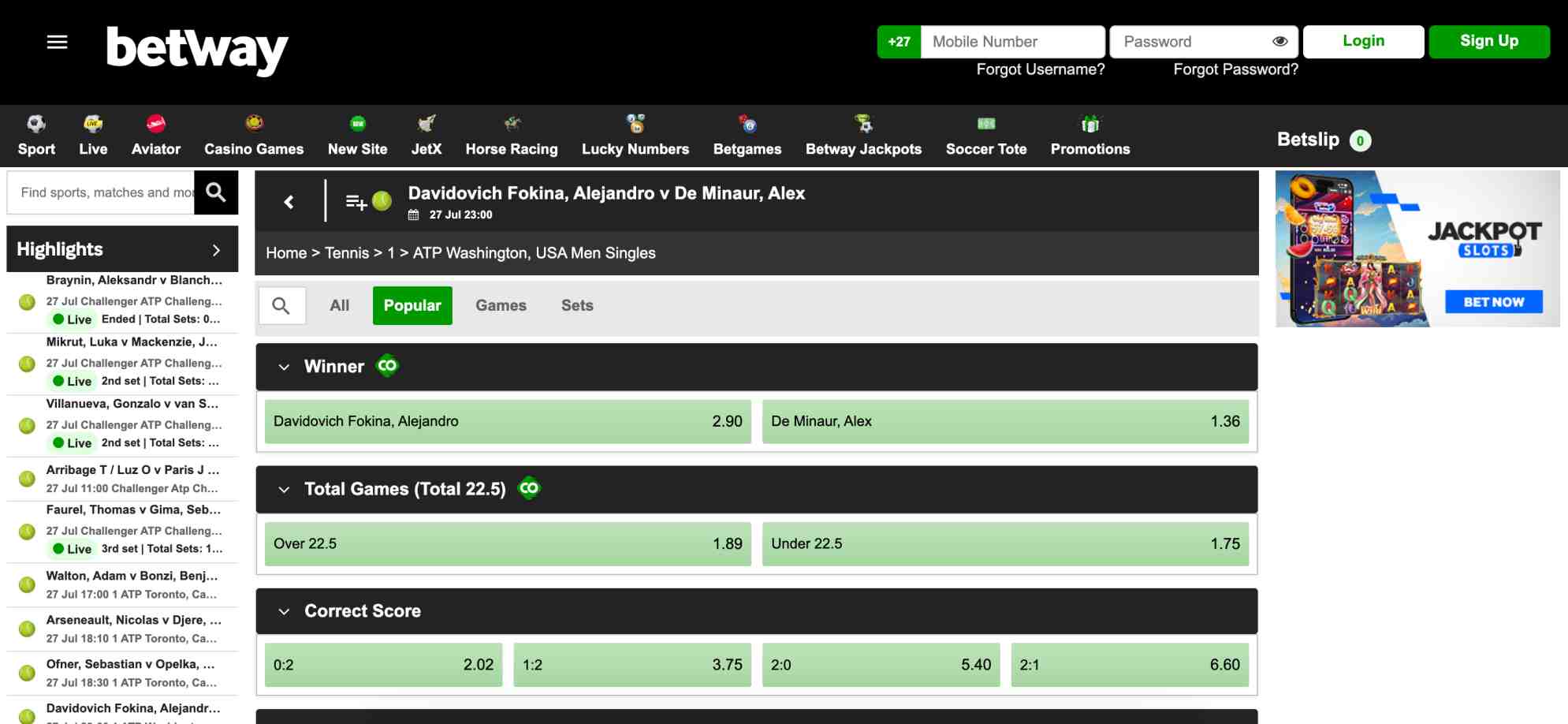 Detailed Betway match view for Alejandro Davidovich Fokina vs Alex De Minaur, illustrating odds and outcomes for betting when a player gets injured