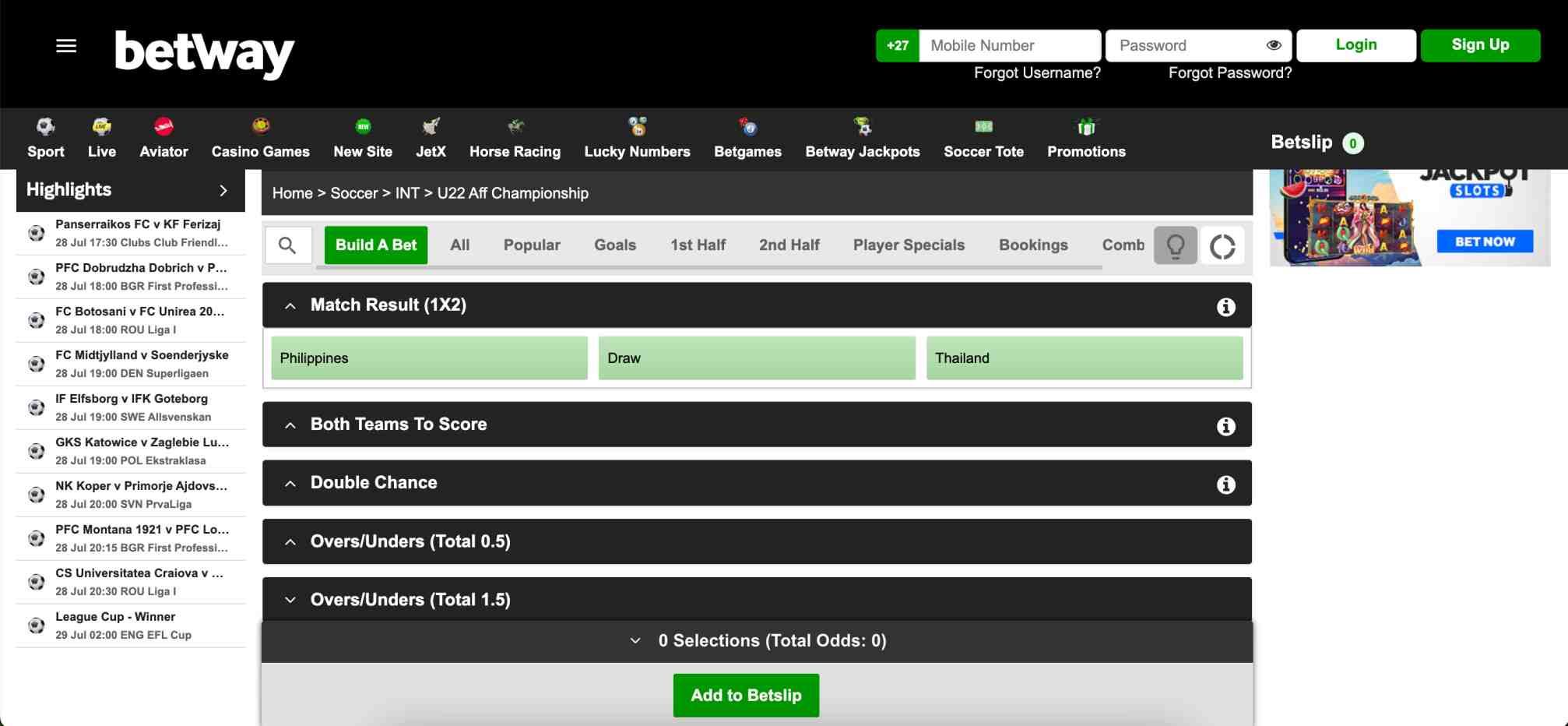 Betway match result betting options for Philippines vs Thailand in the U22 AFF Championship, highlighting stake-inclusive returns for win or draw selections.