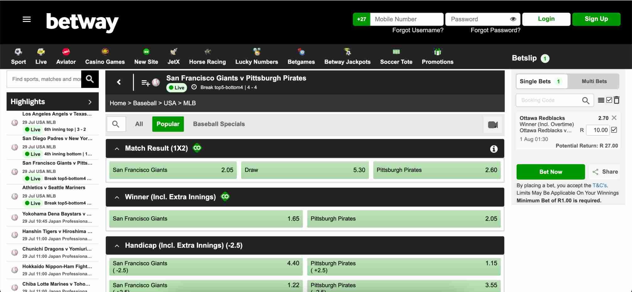 Live betting interface on Betway for the San Francisco Giants vs Pittsburgh Pirates MLB game, showing match odds and options.