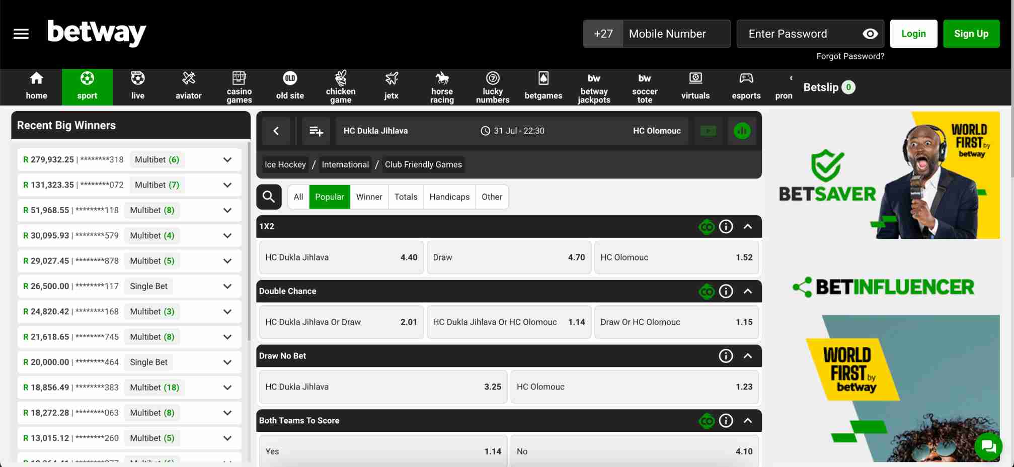 Betway mobile money Rwanda ice hockey betting page featuring odds for HC Dukla Jihlava vs HC Olomouc in a club friendly game.