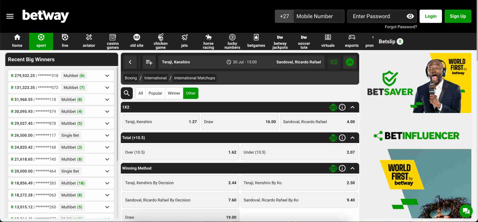 Betway boxing odds and betting markets for Teraji vs Sandoval, useful for understanding if Betway is available in Namibia.