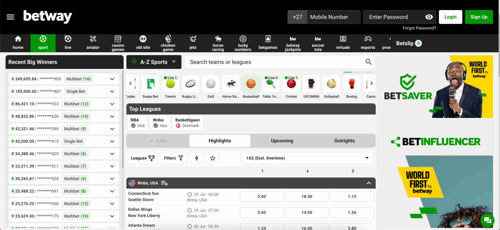 Betway sports betting dashboard featuring NBA and WNBA games, relevant for users asking does Betway work in Texas.