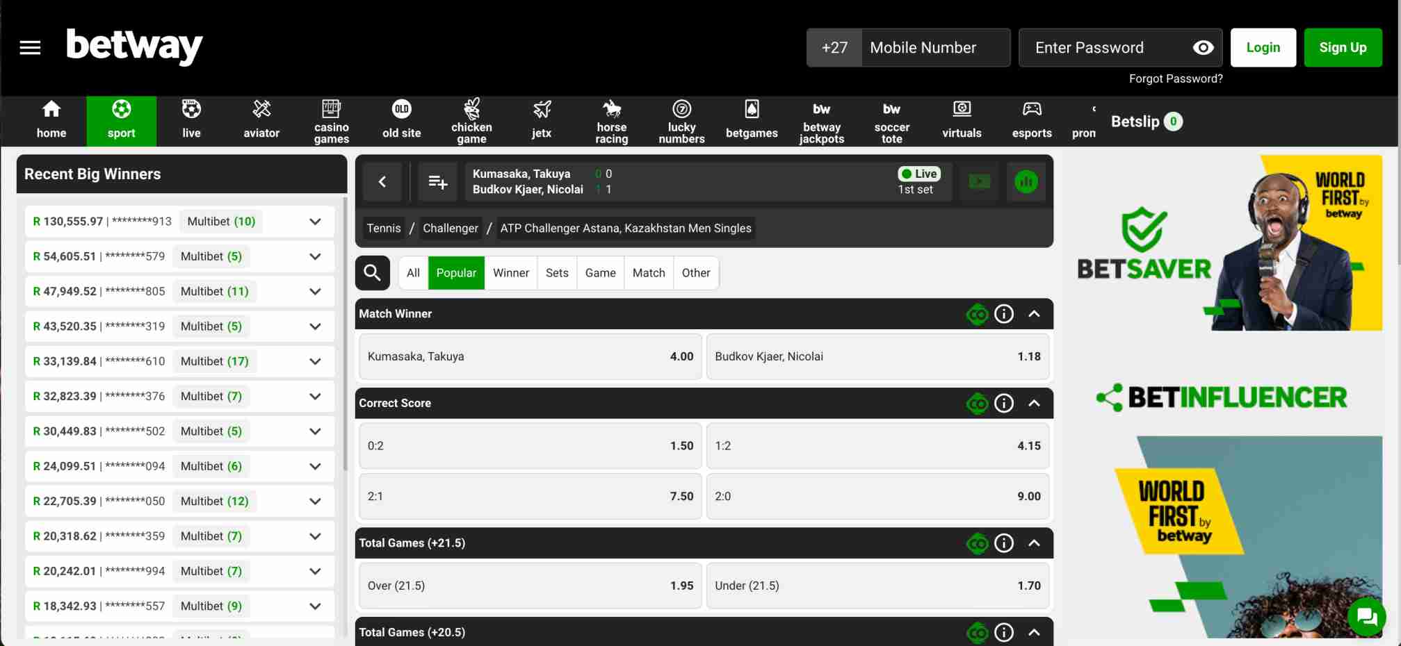 Betway sports betting interface showing tennis match odds for Kumasaka vs. Budkov.