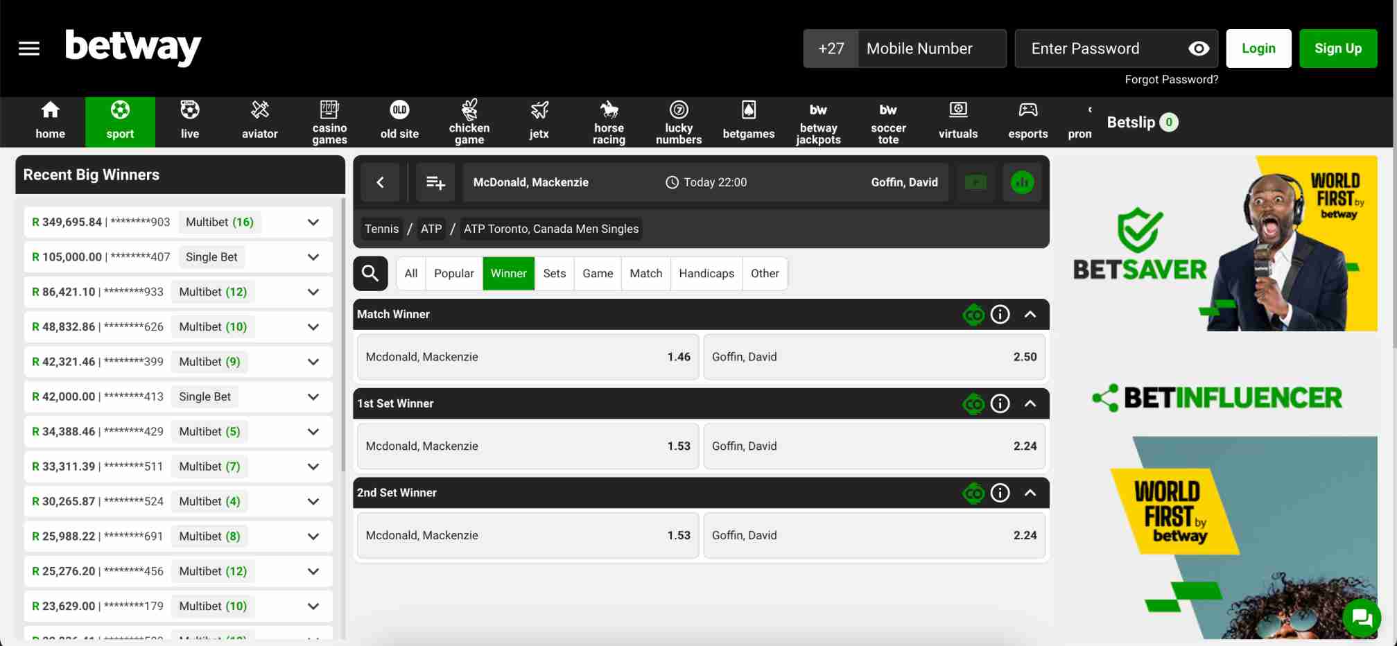 Detailed Betway tennis match betting screen featuring Mackenzie McDonald vs David Goffin, relevant for what happens if tennis player retires Betway.