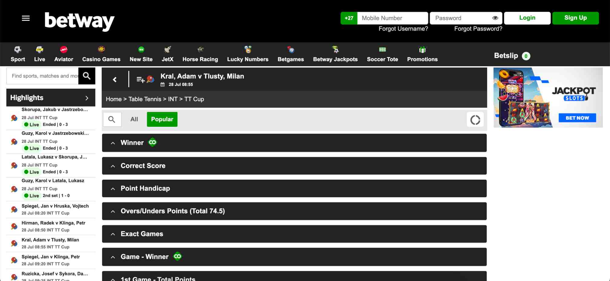 Betway match details and betting markets for INT TT Cup, popular among EcoPayz deposit users in Malaysia.