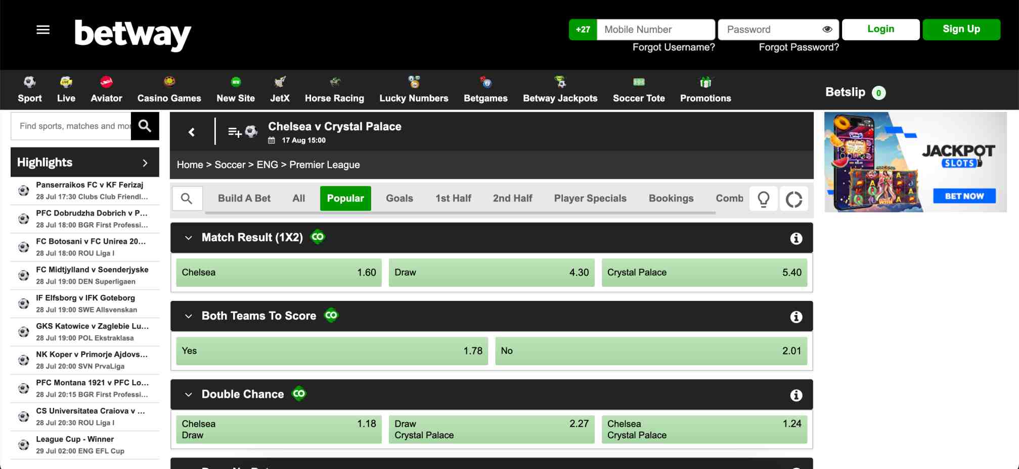 Match odds and betting options for Chelsea vs Crystal Palace on Betway, providing insights into how much you can put on Betway Super Boost for this game.