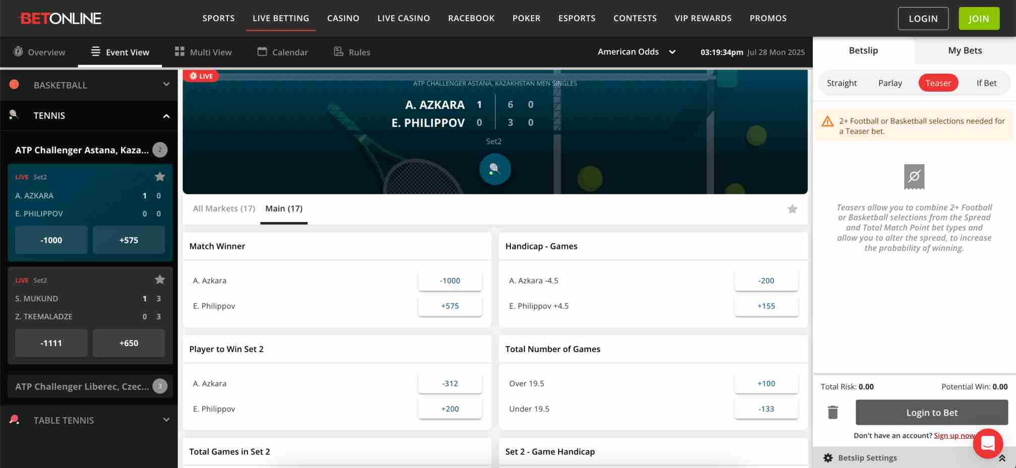 Live tennis betting interface on BetOnline featuring ATP Challenger match odds and in-play markets.
