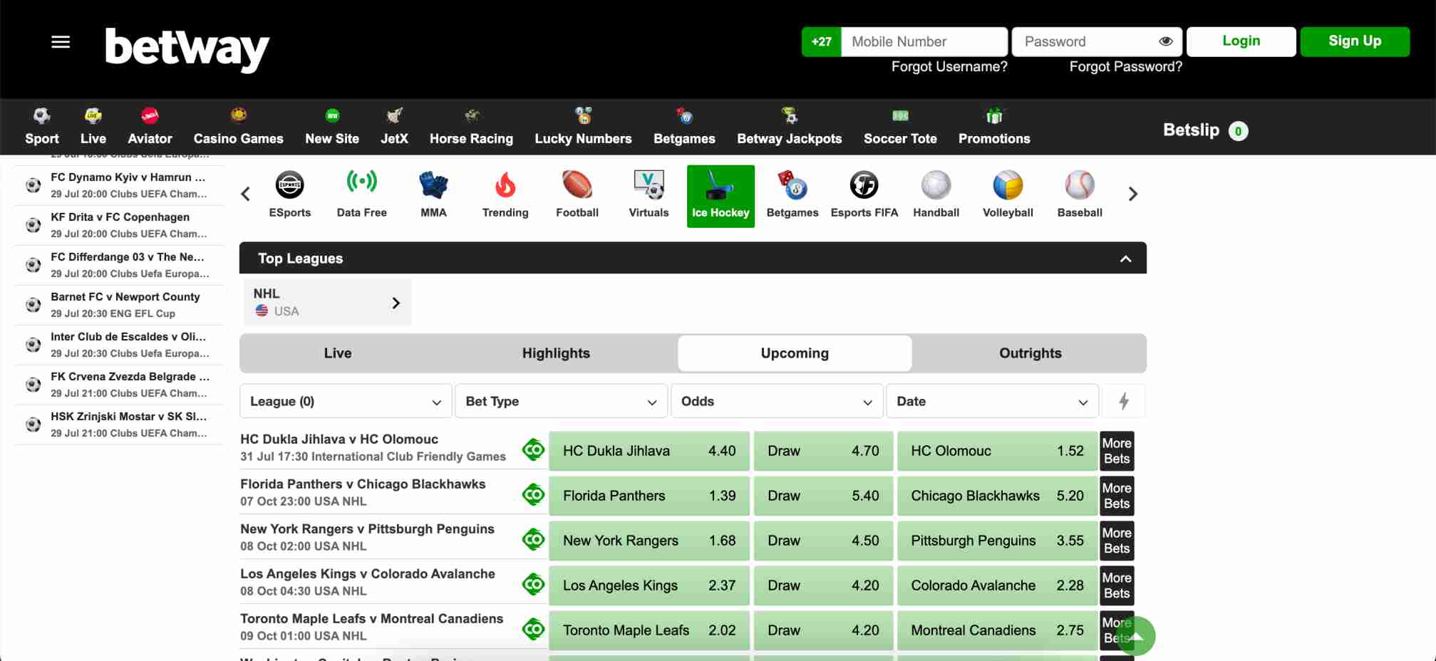 Ice hockey betting odds on Betway featuring NHL matchups including Florida Panthers vs Chicago Blackhawks – relates to users wondering why is my Betway payment reversed?