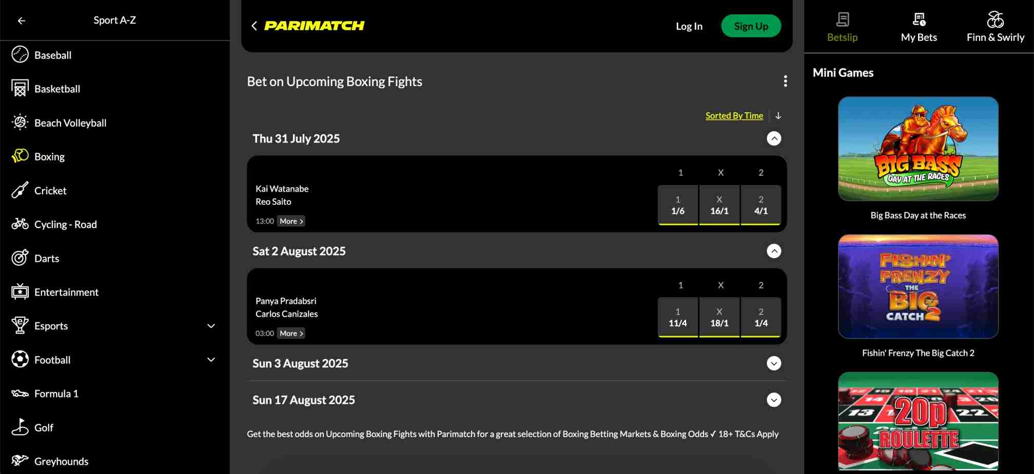 Upcoming boxing matches on Parimatch with odds and betting options displayed, which may be relevant when Parimatch Apple Pay withdrawal is declined.