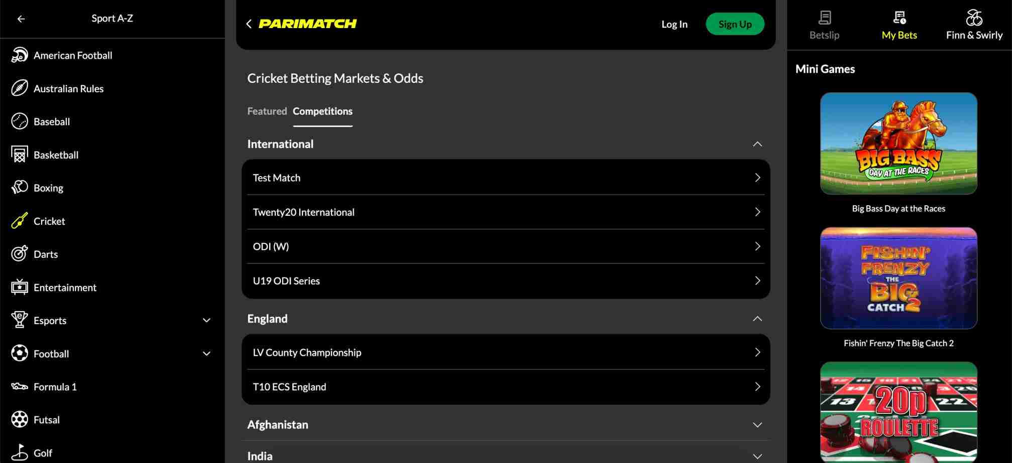 Competition categories and cricket betting formats shown on Parimatch’s interface, helping users understand odds structure and where to adjust settings.