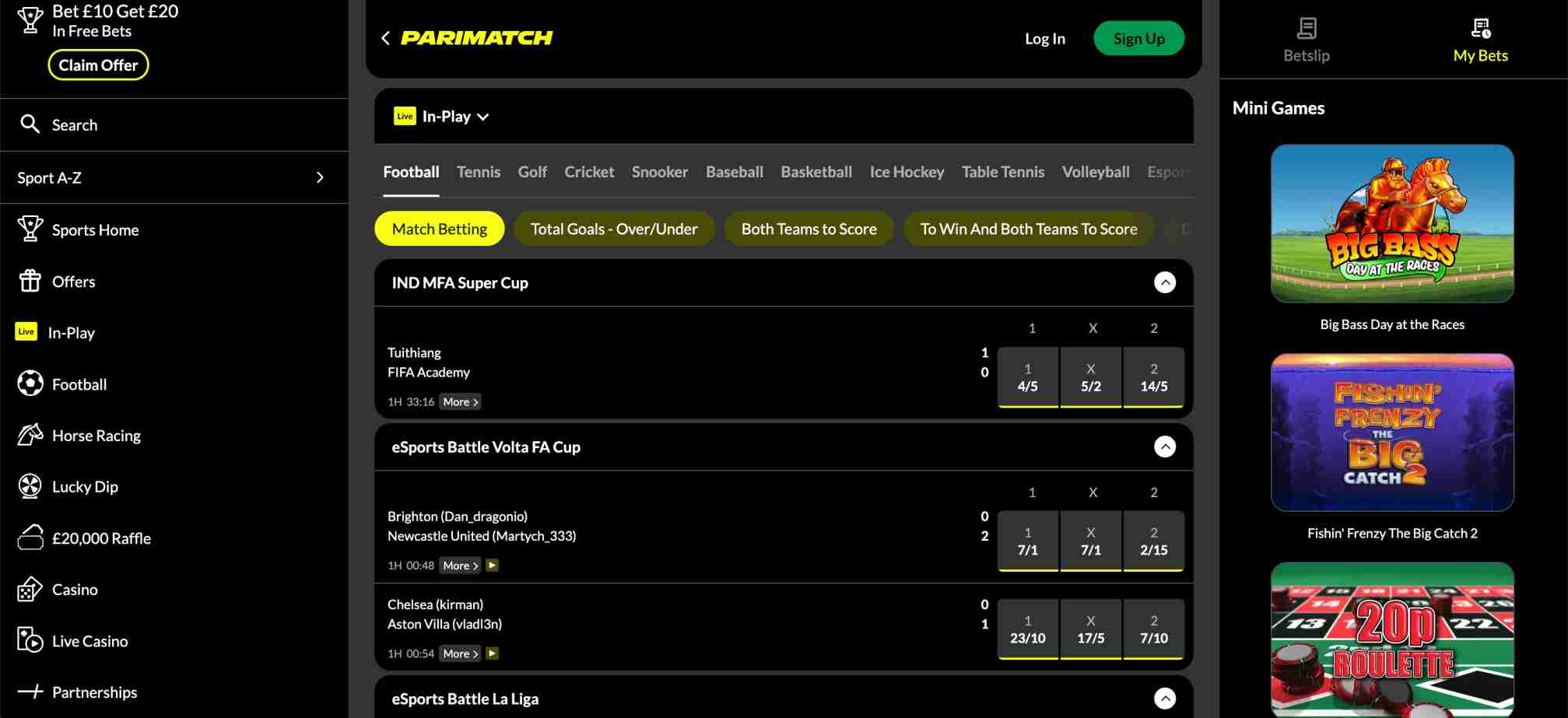 Live betting section on Parimatch platform with various football and esports matches displayed.