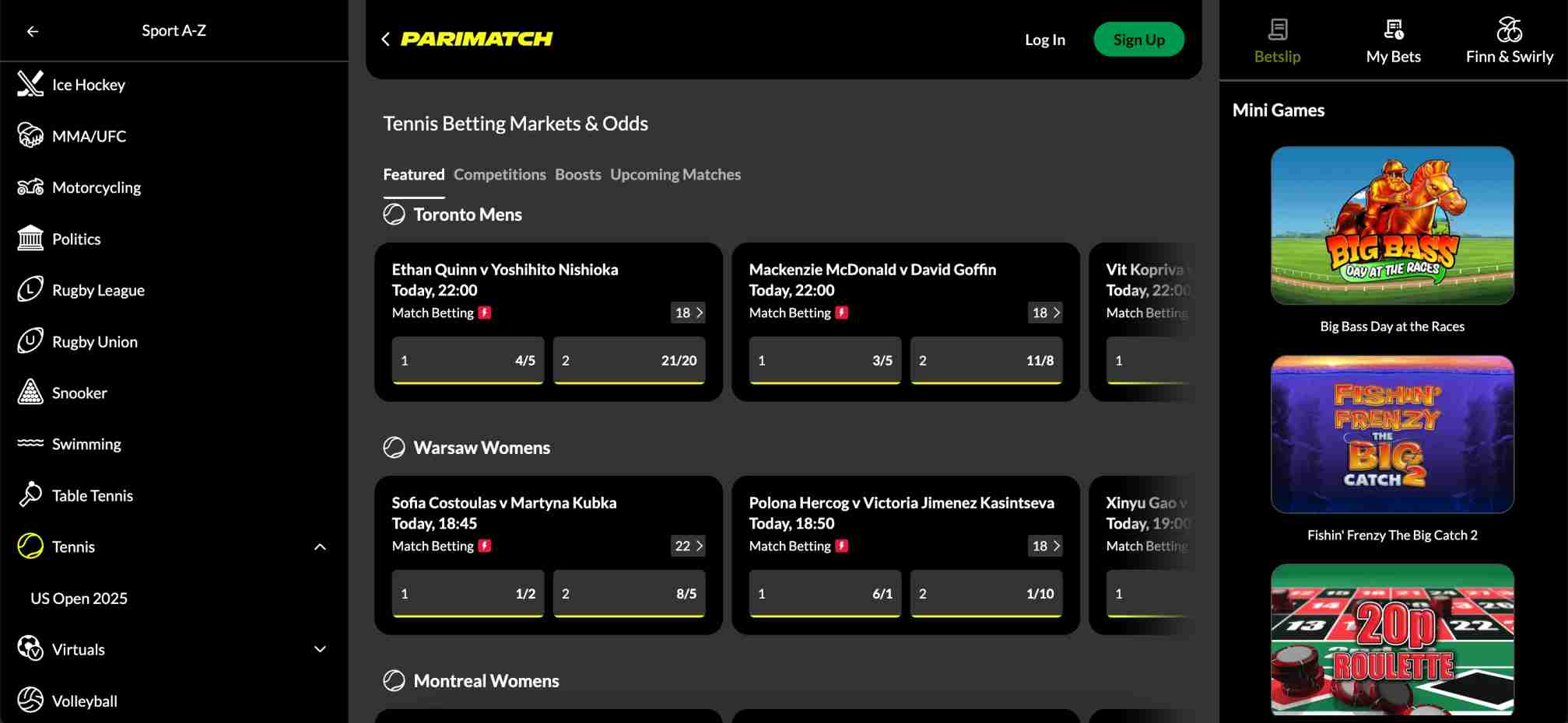 Parimatch tennis betting odds for upcoming matches including Costoulas vs Kubka.