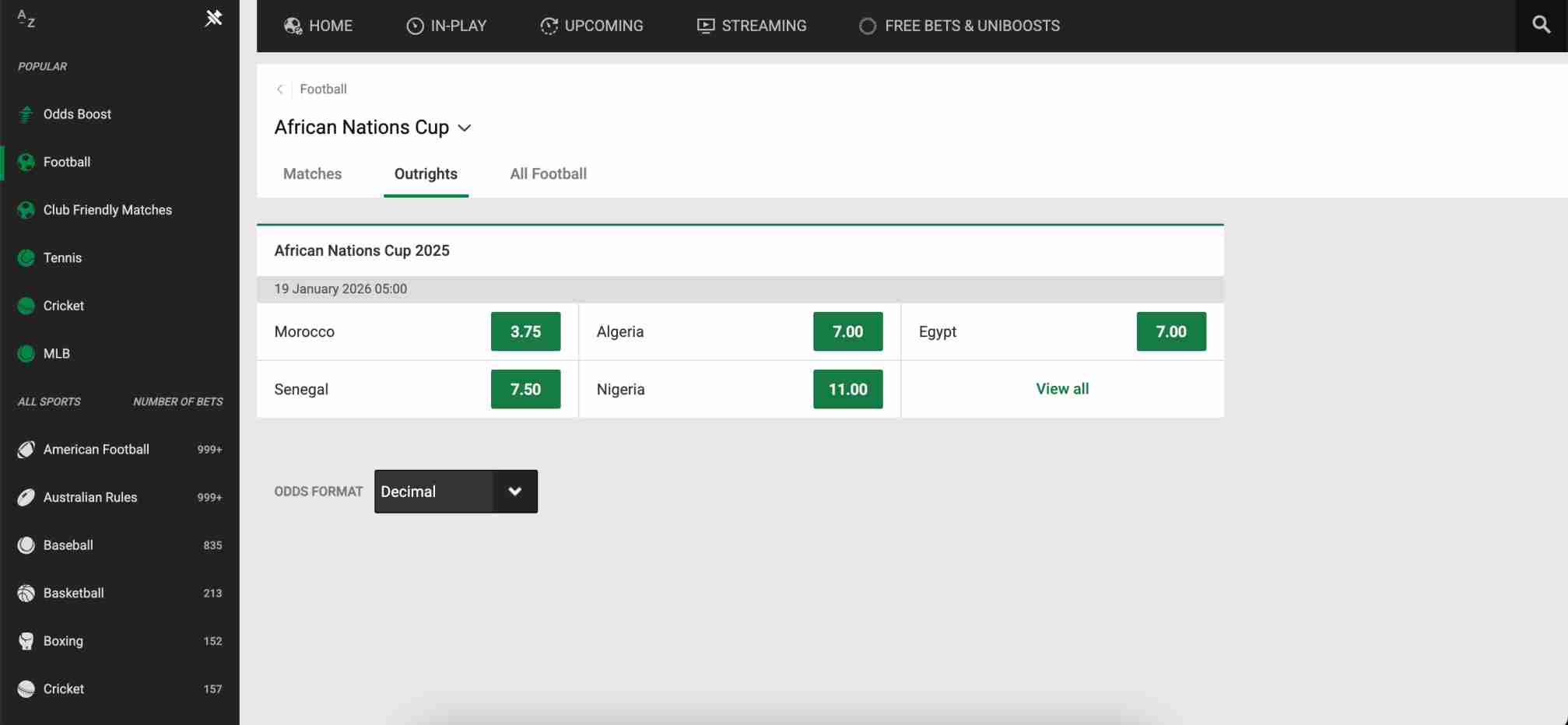 Unibet outright winner odds for African Nations Cup 2025 with teams like Morocco, Senegal, and Nigeria.