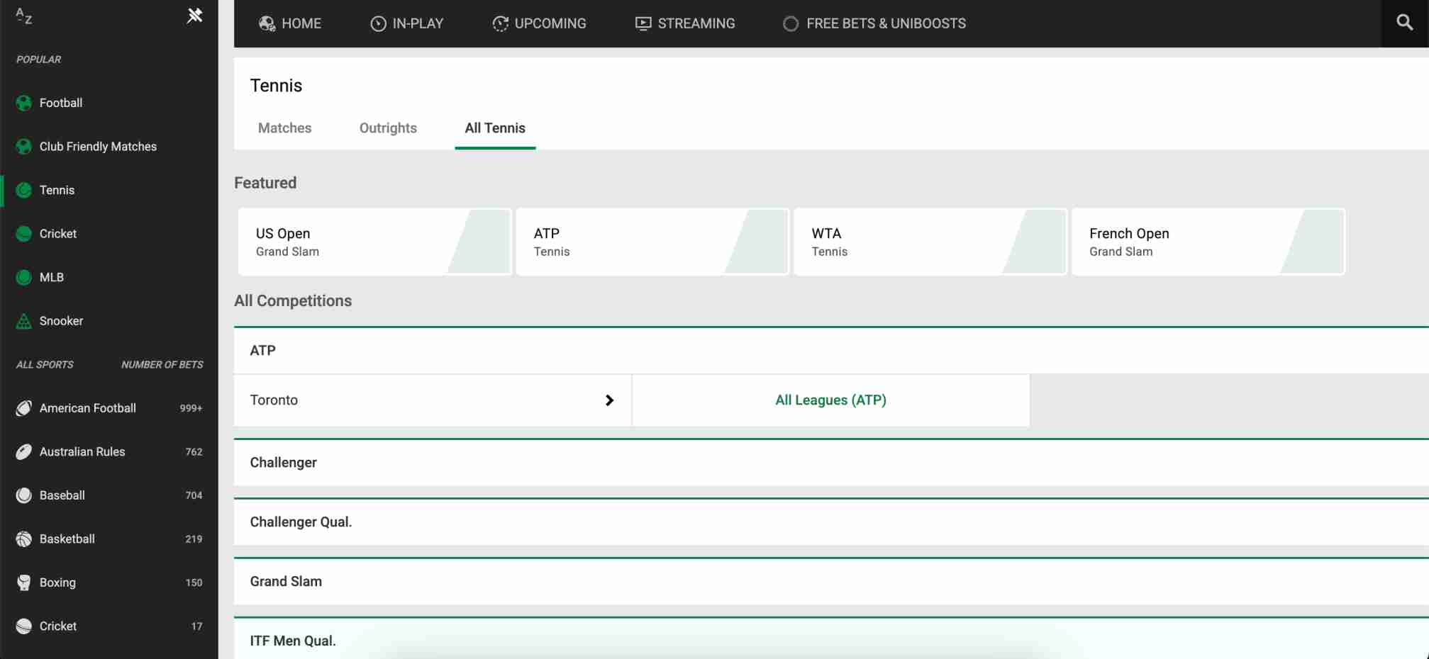 Unibet tennis betting interface with ATP Toronto tournament overview and odds.