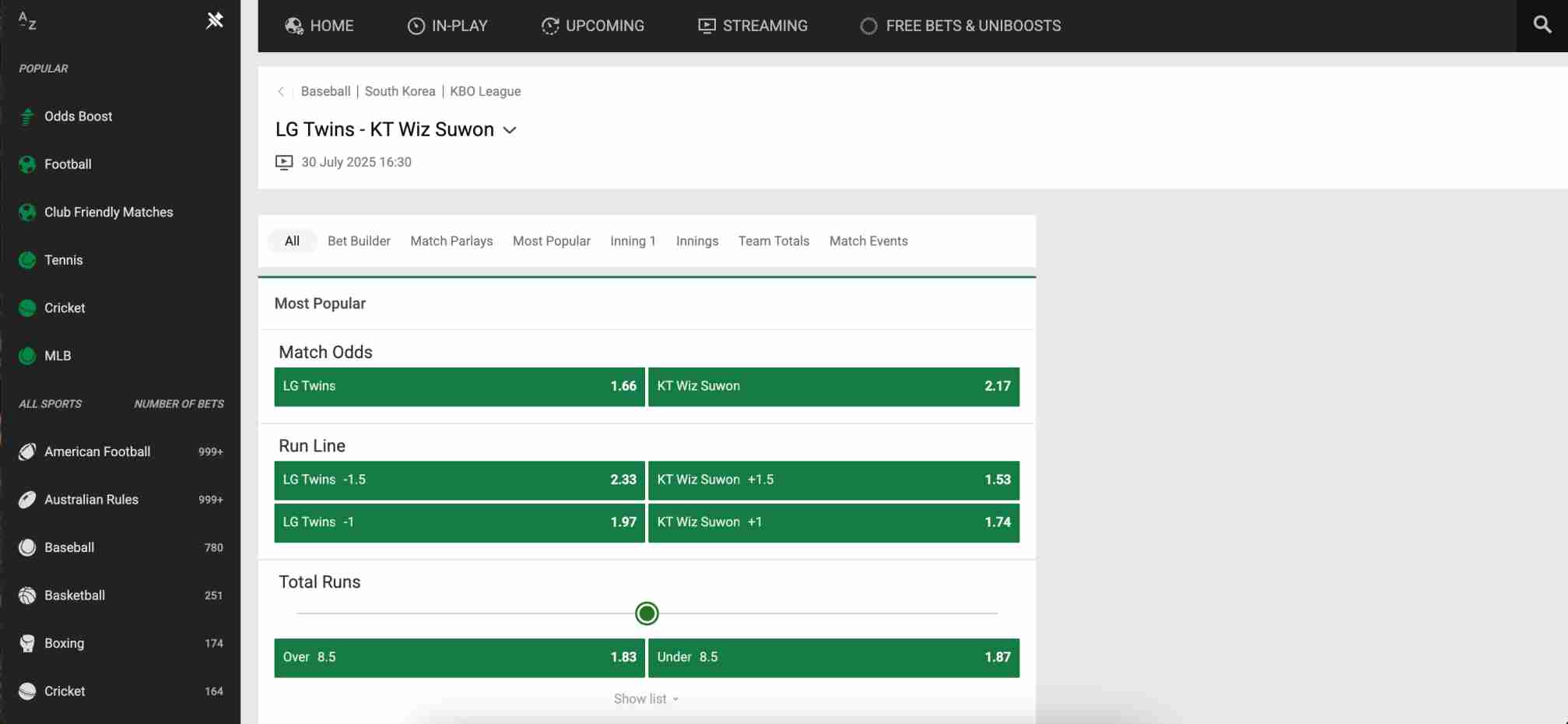 Unibet baseball betting odds for LG Twins vs KT Wiz Suwon.