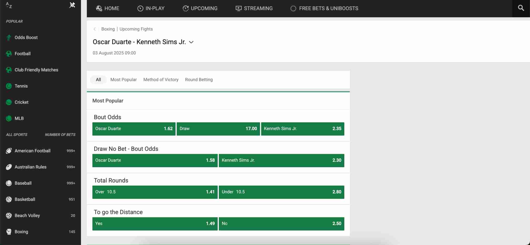Unibet betting odds for Oscar Duarte vs Kenneth Sims Jr., featuring markets like winner, total rounds, and fight distance. Can I have 2 Unibet accounts for various sports?