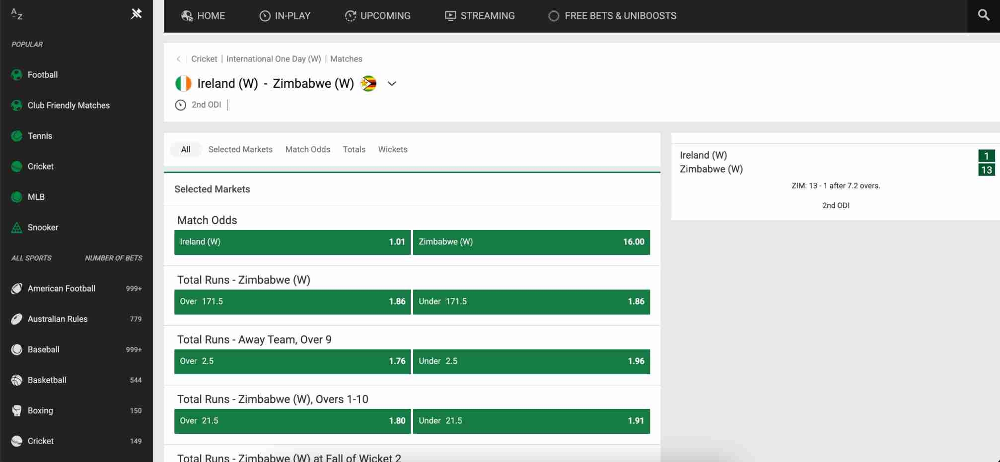 Live in-play cricket betting market on Unibet for Ireland vs Zimbabwe Women – useful for checking if VPN access affects functionality.