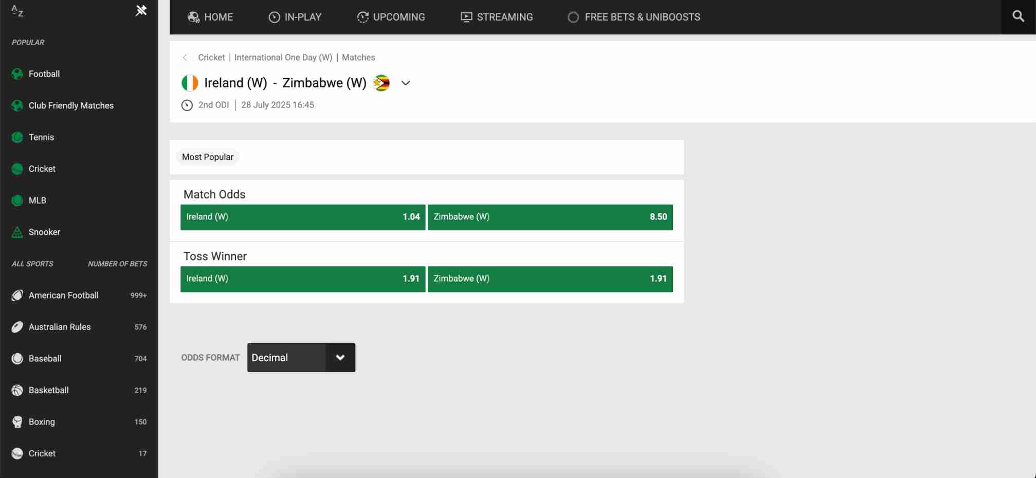 Match odds and toss bet for Ireland vs Zimbabwe (W) on Unibet.