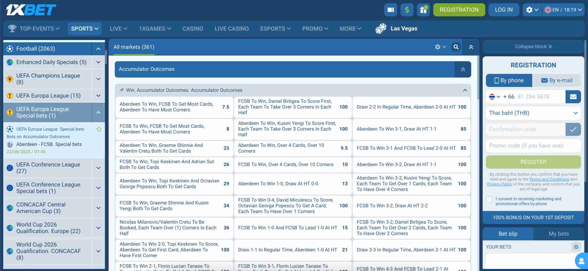 Accumulator outcomes on 1xBet showing special bets for Aberdeen vs FCSB in the UEFA Europa League