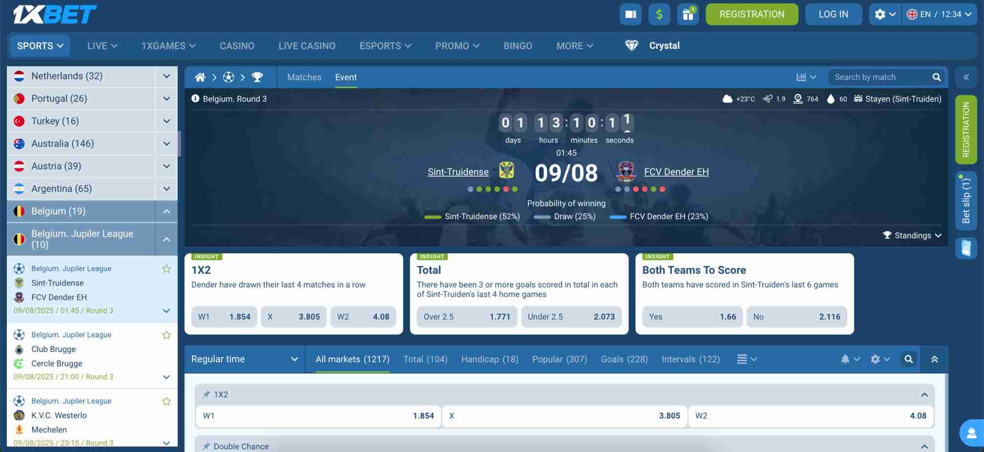 Match preview and betting options on 1xBet for Sint-Truidense vs FCV Dender EH in the Belgium Jupiler League, useful context while exploring how long does it take for 1xBet to verify your account.