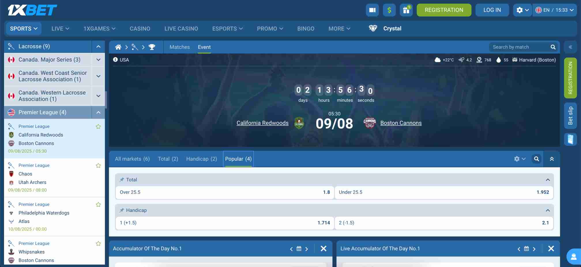 1xBet match event screen for California Redwoods vs Boston Cannons with betting countdown, related to whether 1xBet accepts Chime.