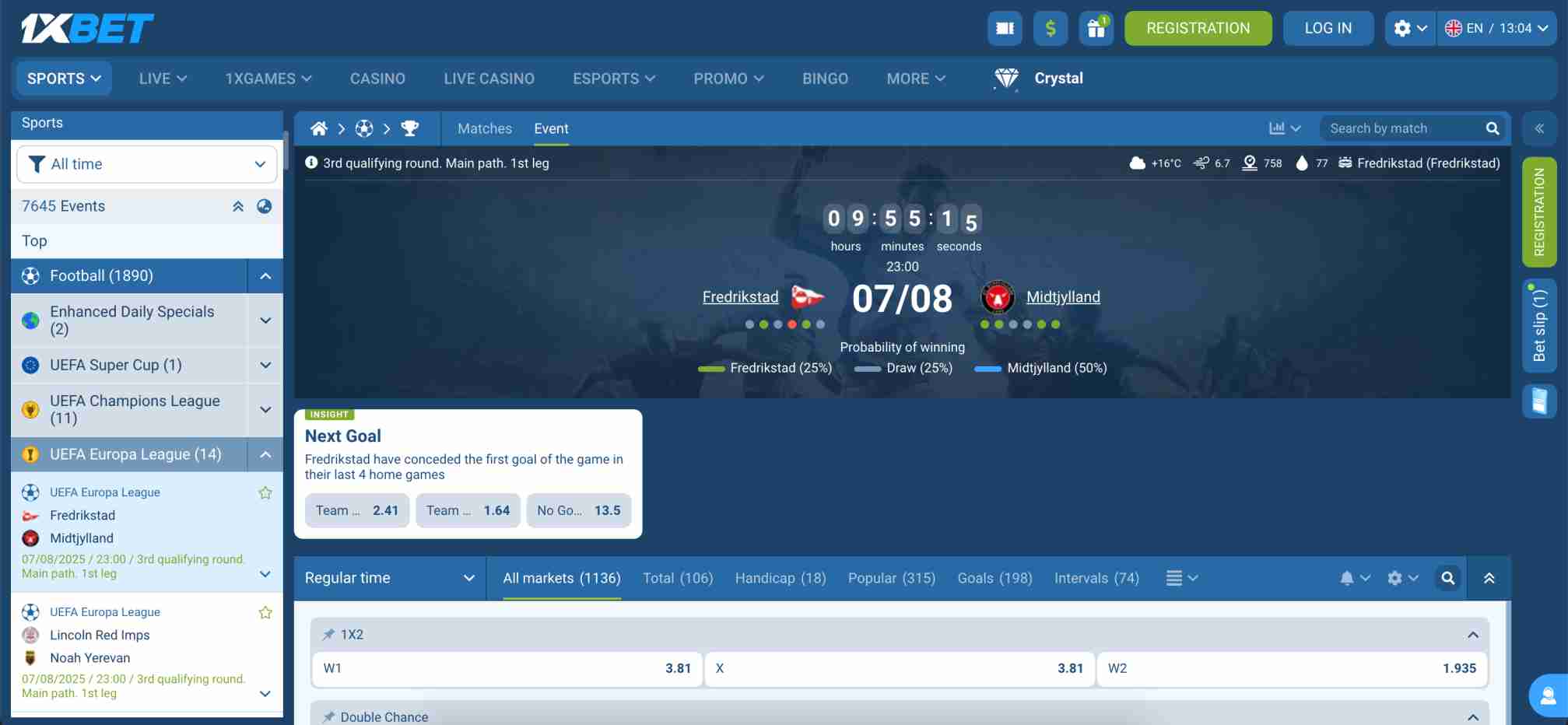 Upcoming UEFA Europa League match on 1xBet with betting options and team stats, illustrating user engagement during the 1xBet deposit limit time frame.