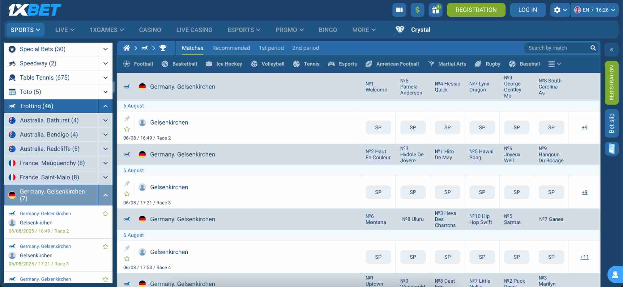 Trotting race listings on 1xBet platform featuring Gelsenkirchen, Germany – insight for users asking does 1xBet accept JazzCash Pakistan