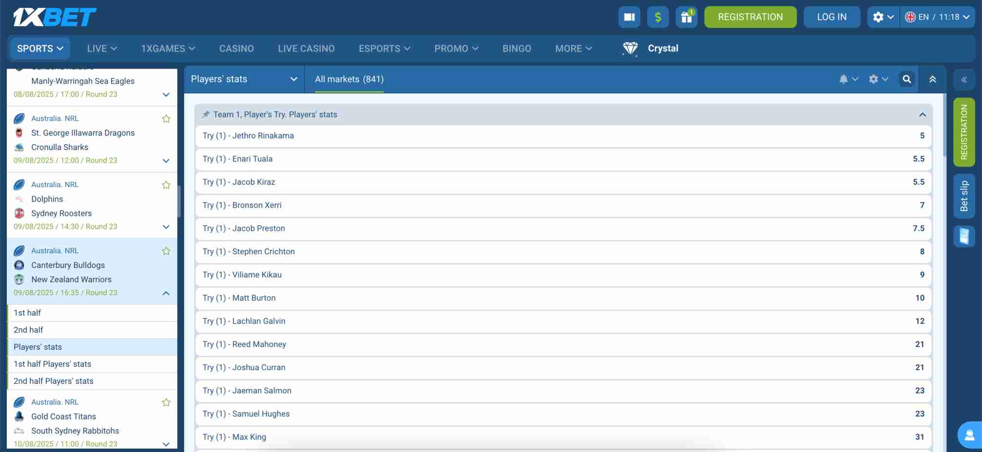 1xBet betting page displaying NRL rugby player stats and try scorer markets, relevant for exploring betting options when asking does 1xBet accept Visa gift cards.