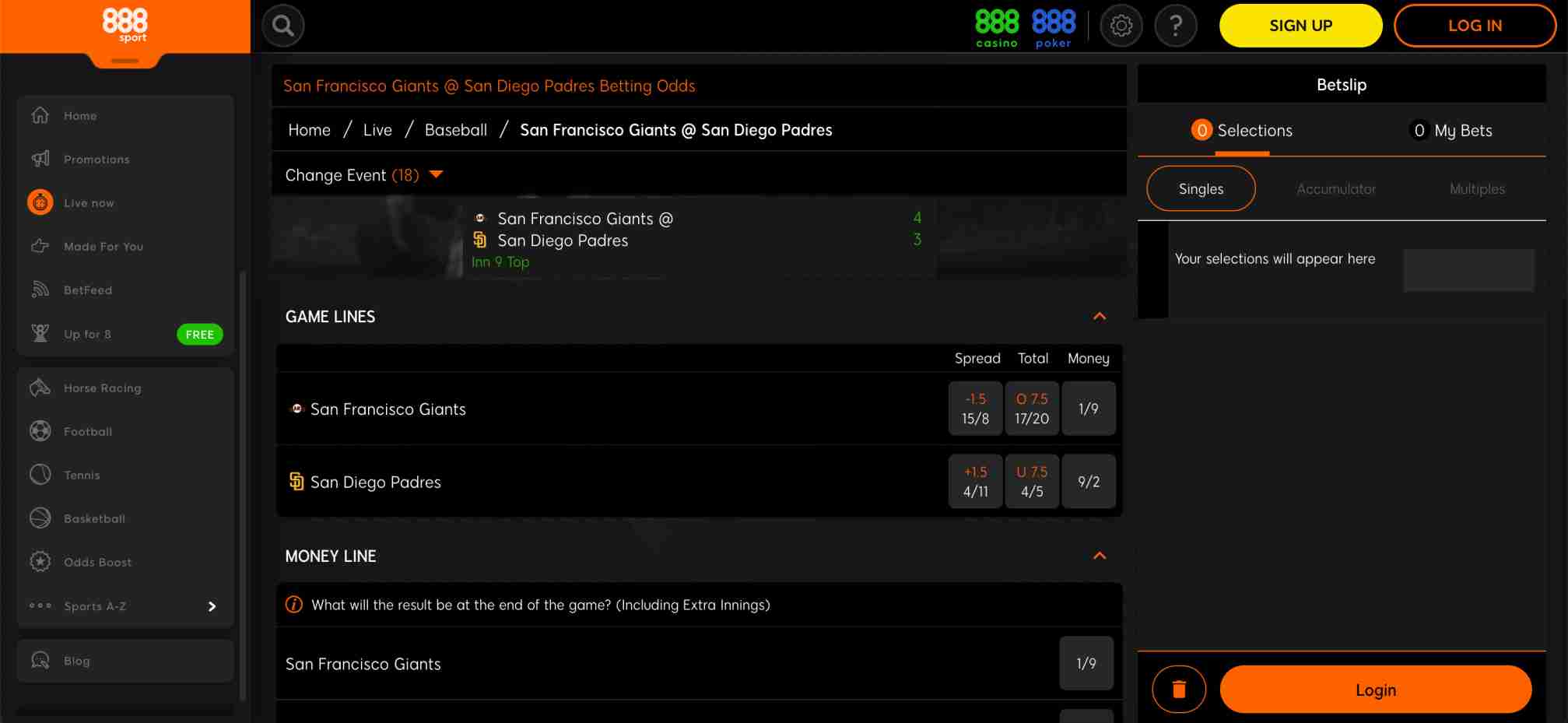 888sport live baseball betting odds showing San Francisco Giants vs San Diego Padres, available for UPI deposit users in India