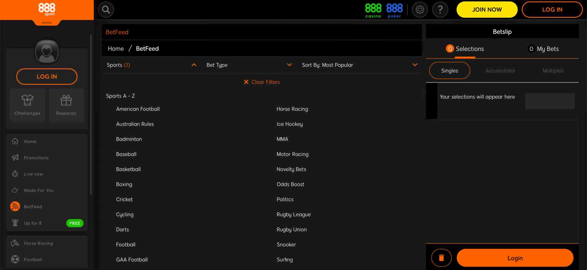 888sport BetFeed sports list with various betting categories including horse racing, football, and MMA.