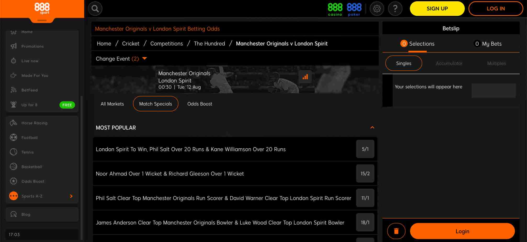 888sport cricket match specials betting odds for Manchester Originals vs London Spirit