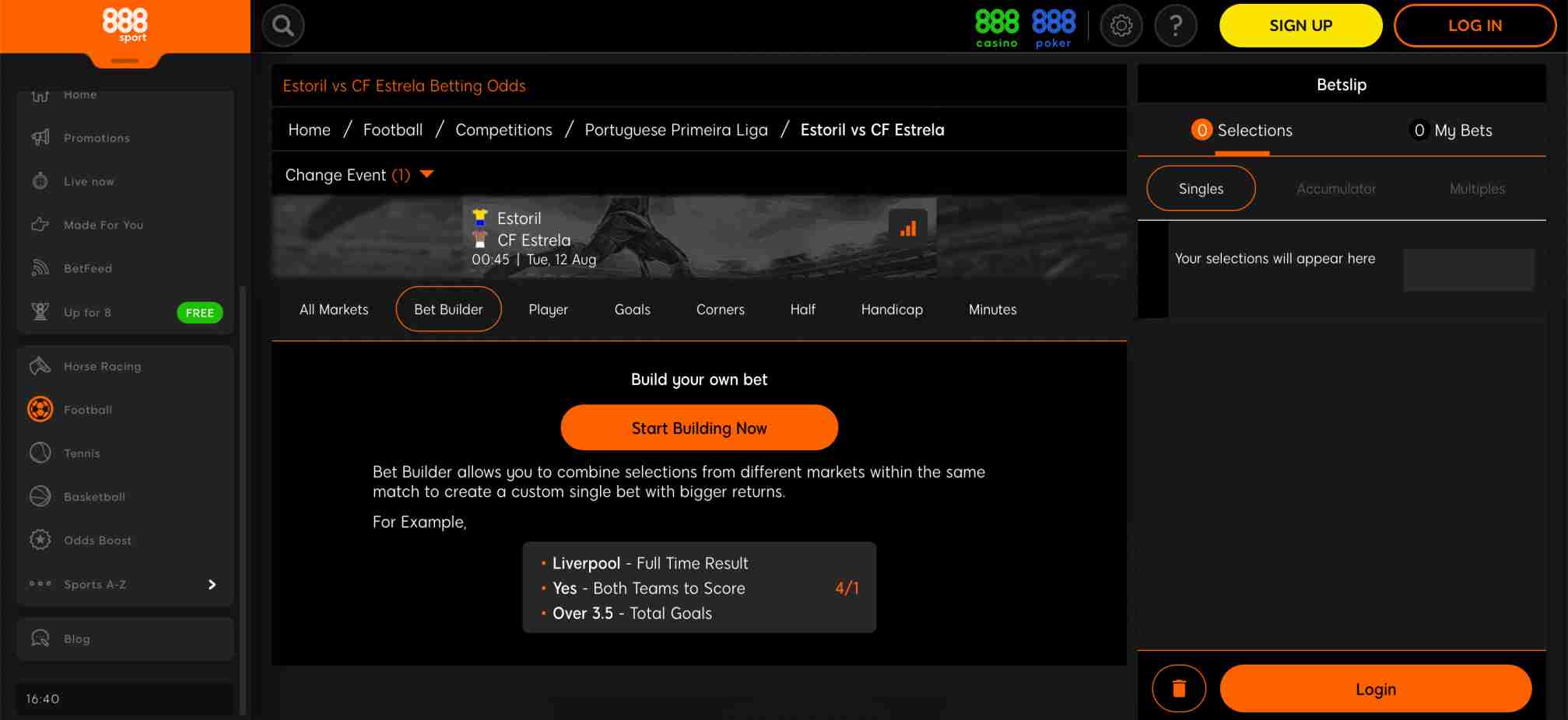 Screenshot of 888sport football betting page with bet builder options for Estoril vs CF Estrela match.